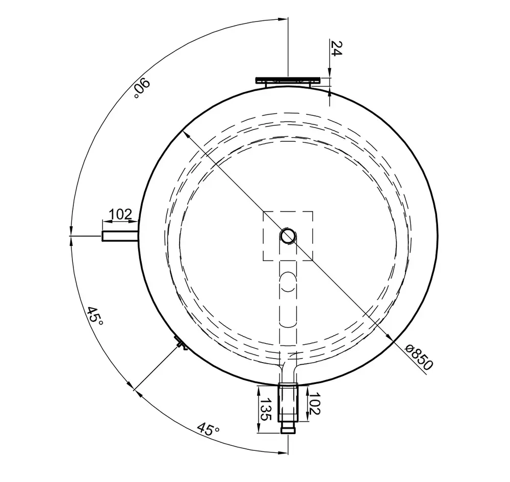 Technische Zeichnung eines Edelstahl-Standspeichers von TWL. Sichtbar sind Anschlüsse, Maße und Form des Behälters. Keine expliziten Produktbezeichnungen oder Maße erkennbar.