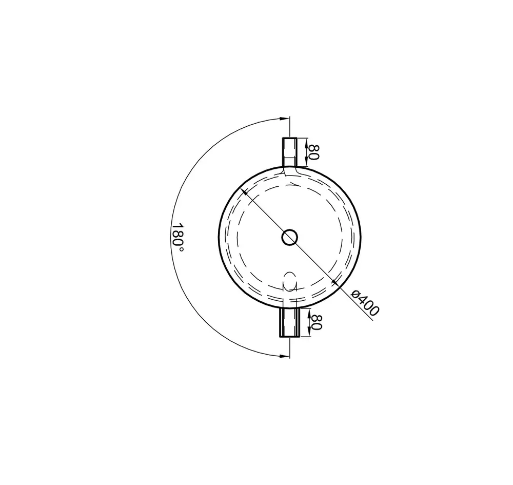 TWL Pufferspeicher, skizziert im Draufsicht, mit zwei Anschlüssen, Durchmesser 400 mm und einem Wärmetauscher in der Mitte. Maße und Details schematisch dargestellt.