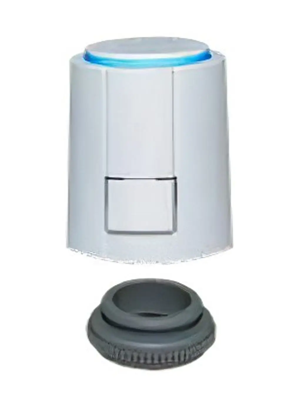 Zewotherm Stellantrieb in weißem Gehäuse mit blauer LED-Anzeige und grauem Anschluss für eine flexible Montage in verschiedenen Positionen.