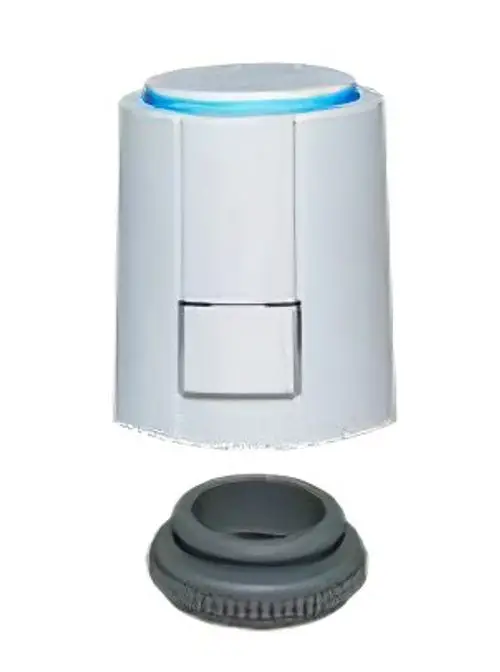 Zewotherm Stellantrieb in weißem Gehäuse mit blauer LED-Anzeige und grauem Anschluss für eine flexible Montage in verschiedenen Positionen.