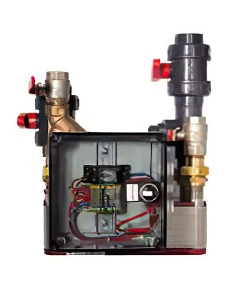 Wärmetauscherset von Zewotherm, mit sichtbarem Innenleben, Rohren und Ventilen, zur Nutzung im Schwimmbadbetrieb. Analyse elektronischer Komponenten und Wasseranschlüsse.