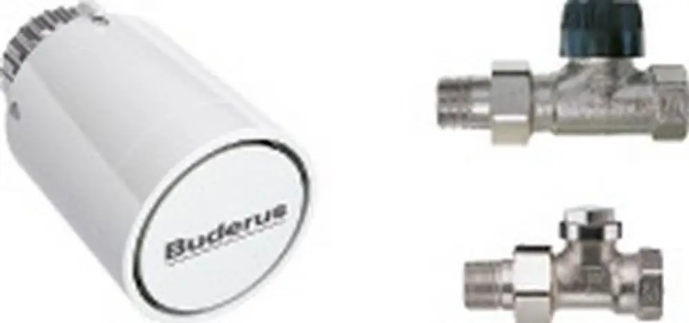 Buderus Thermostatkopf in Weiß, kombiniert mit zwei Heizungsventilen aus Metall, eines mit schwarzem Drehknopf und das andere mit einem automatischen Ventilüberwurf.