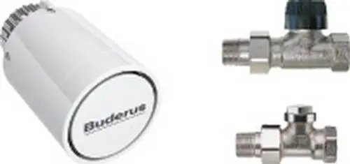 Buderus Thermostatkopf in Weiß, kombiniert mit zwei Heizungsventilen aus Metall, eines mit schwarzem Drehknopf und das andere mit einem automatischen Ventilüberwurf.