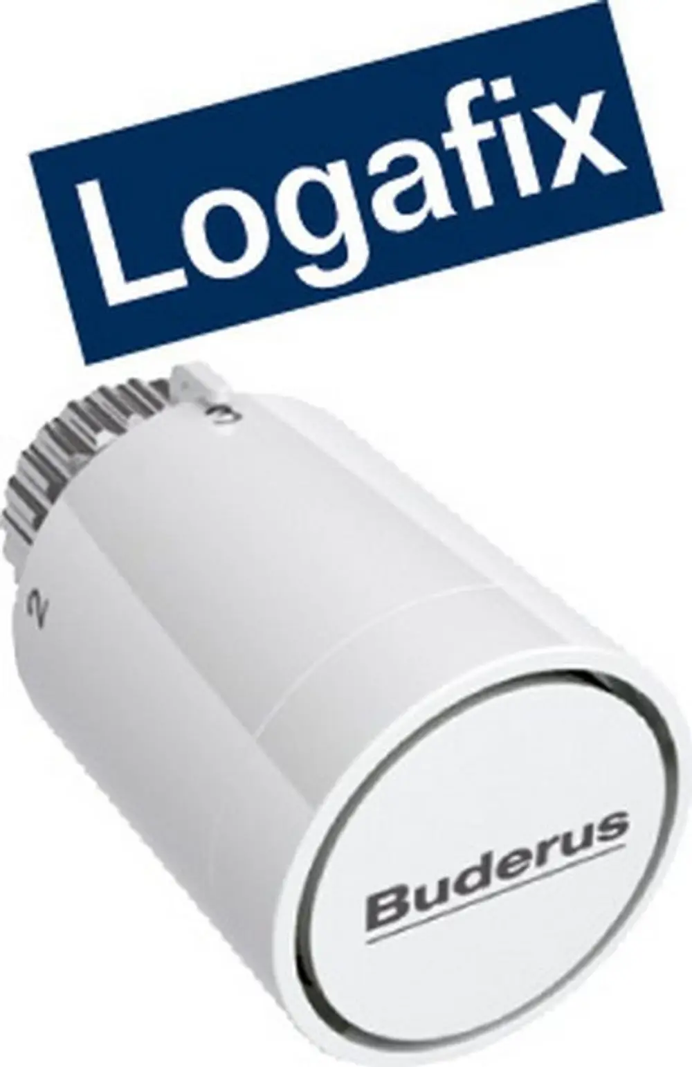 Weißer Thermostatkopf mit rundem Gehäuse und einem Herstellernamen auf der Vorderseite. Das Produkt gehört zur Marke Buderus.