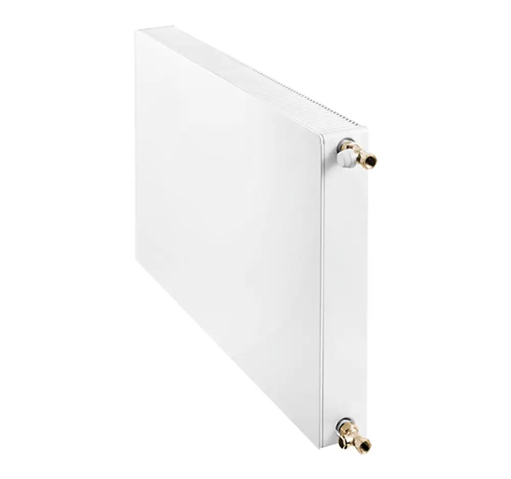 Weißer Buderus Heizkörper mit flacher Oberfläche und zwei Anschlussleisten, geeignet für die Wandmontage.