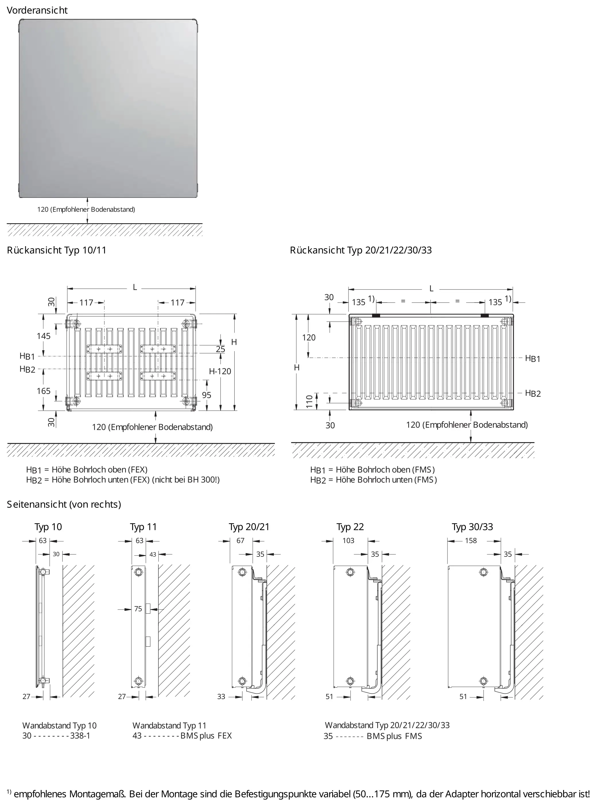Buderus Heizkörper in quadratischer Form mit verschiedenen Ansichtsskizzen und Montagehinweisen. Rückansichten und Seitenansichten der Typen 10-33.
