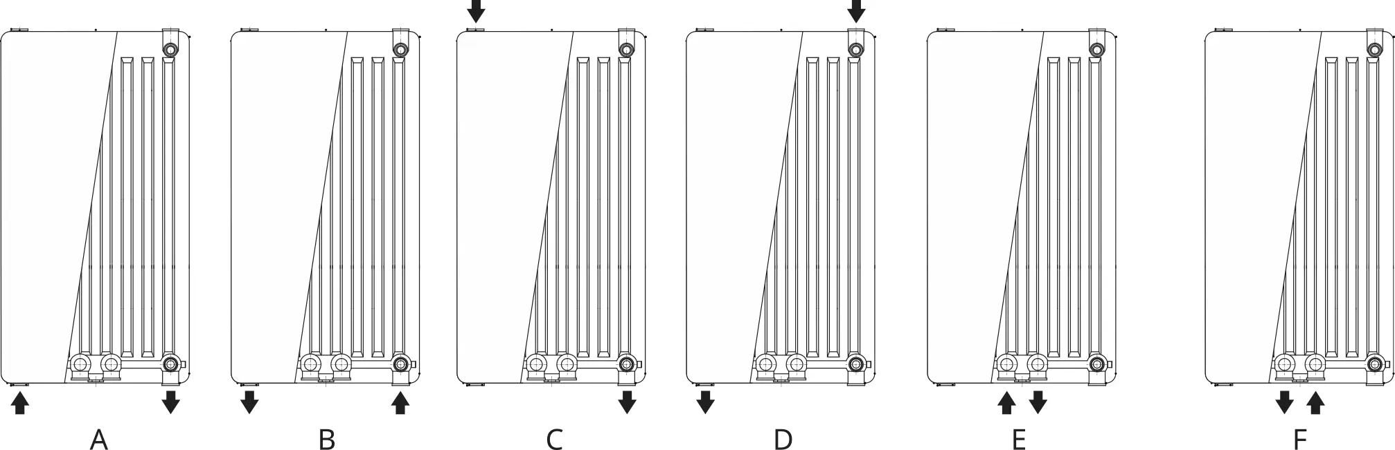 Vertikaler Heizkörper von Buderus mit Längsrippen, abgebildet in sechs Positionen zur Montage. Klare Darstellung der Montageanleitung.