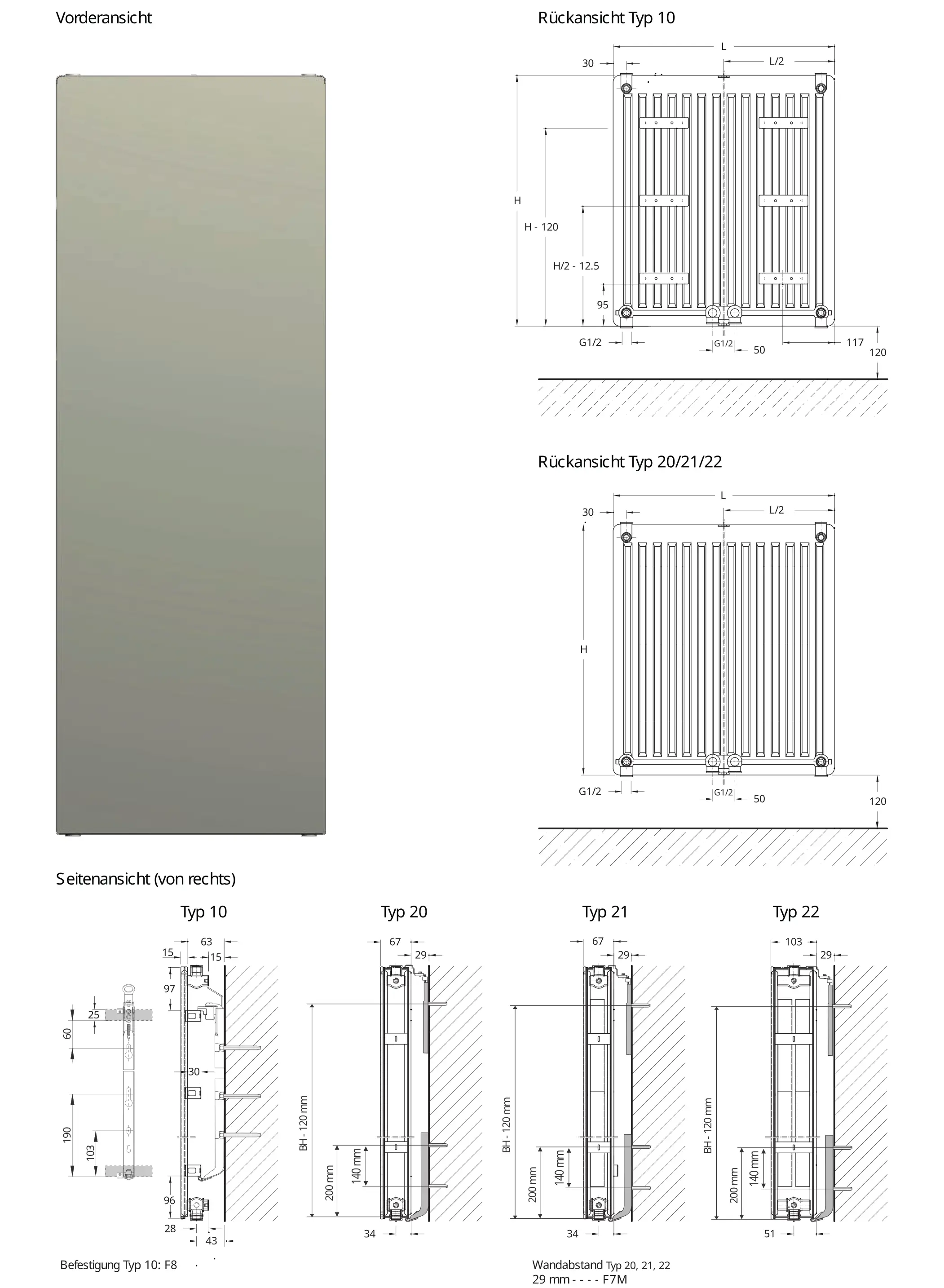 Buderus-Kompaktheizkörper, vertikale Ausführung mit horizontalen Längsrippen, technische Zeichnungen der Front- und Rückansichten sowie Seitenansichten der Typen 10, 20, 21 und 22.