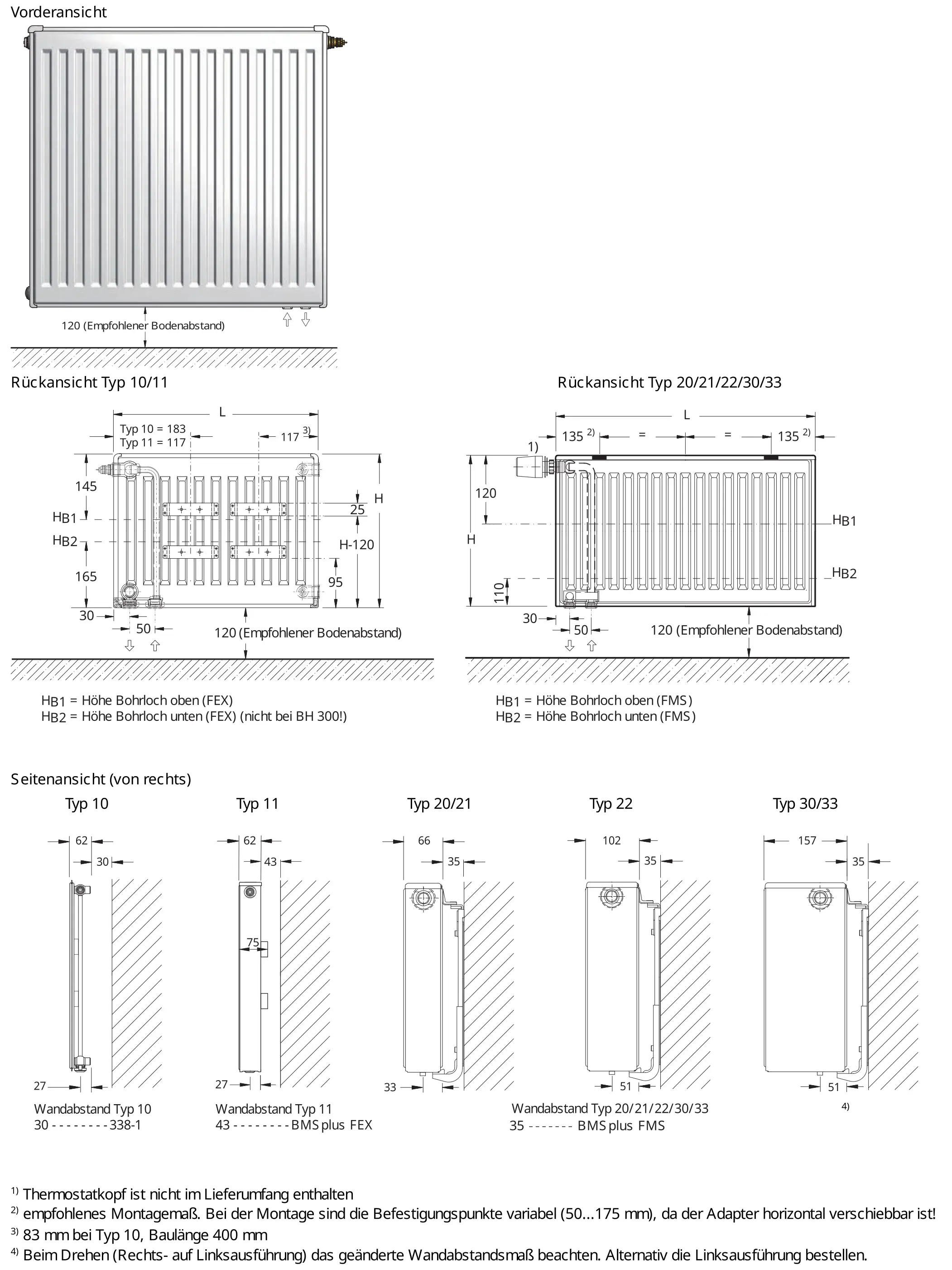 Buderus Heizkörper in rechteckiger Form mit vertikalen Rippen, Ansicht von vorne, hinten und der Seite, inkl. Maßangaben und Montagehinweisen.