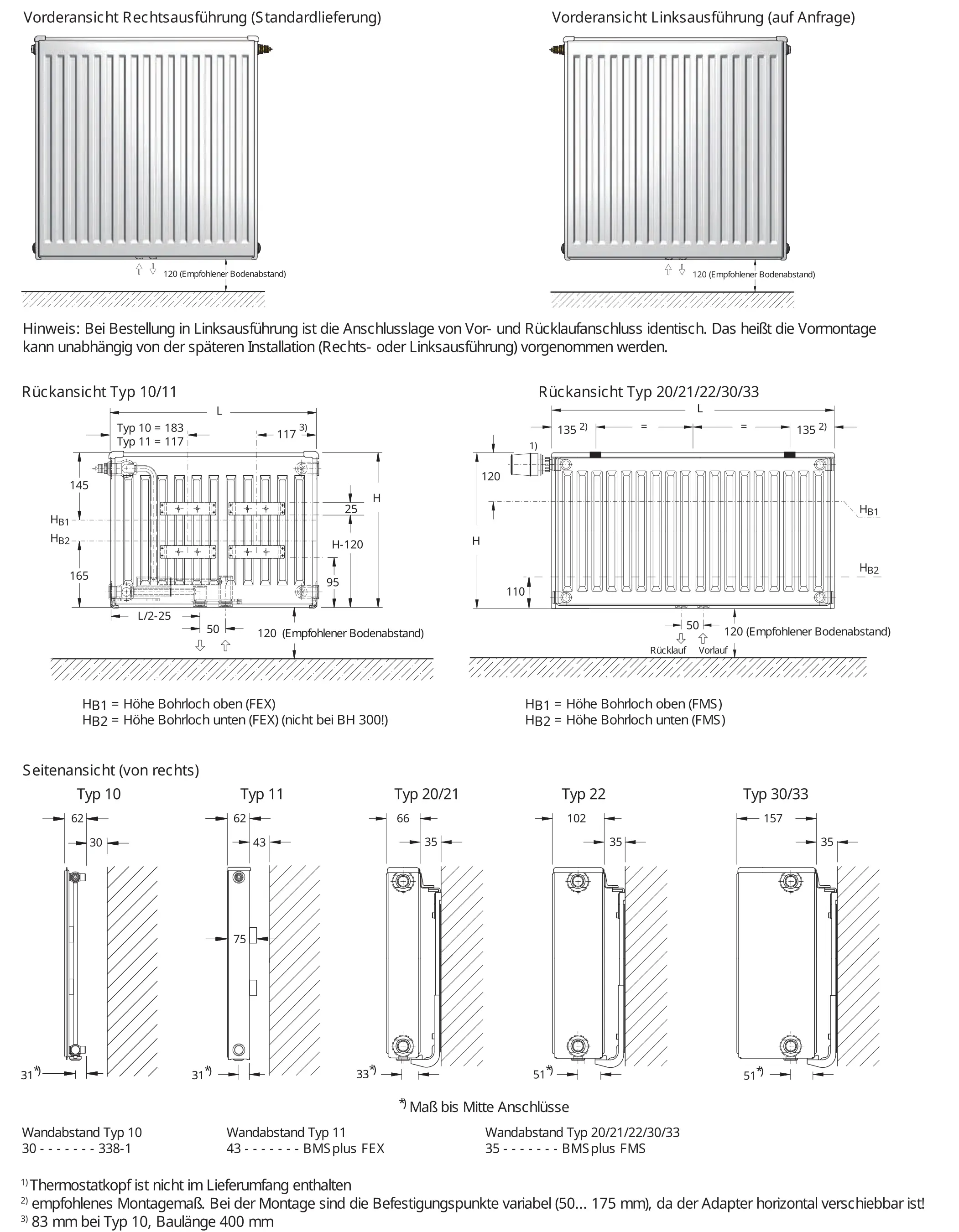 Buderus Heizkörper mit vertikalen Rippen, Anschlüsse unten, in Standardfarbe, präsentiert in Front- und Rückansicht sowie seitlichen Ansichten der verschiedenen Typen.