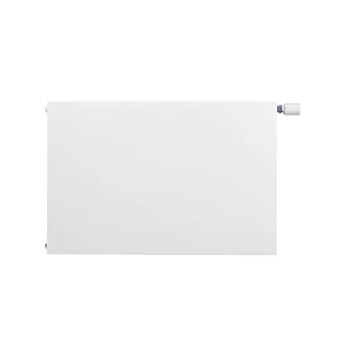 Weißer Buderus-Heizkörper, flache Bauweise mit Anschluss für Ventilgarnitur rechts, geeignet für Montage in Wohnräumen oder Büros.