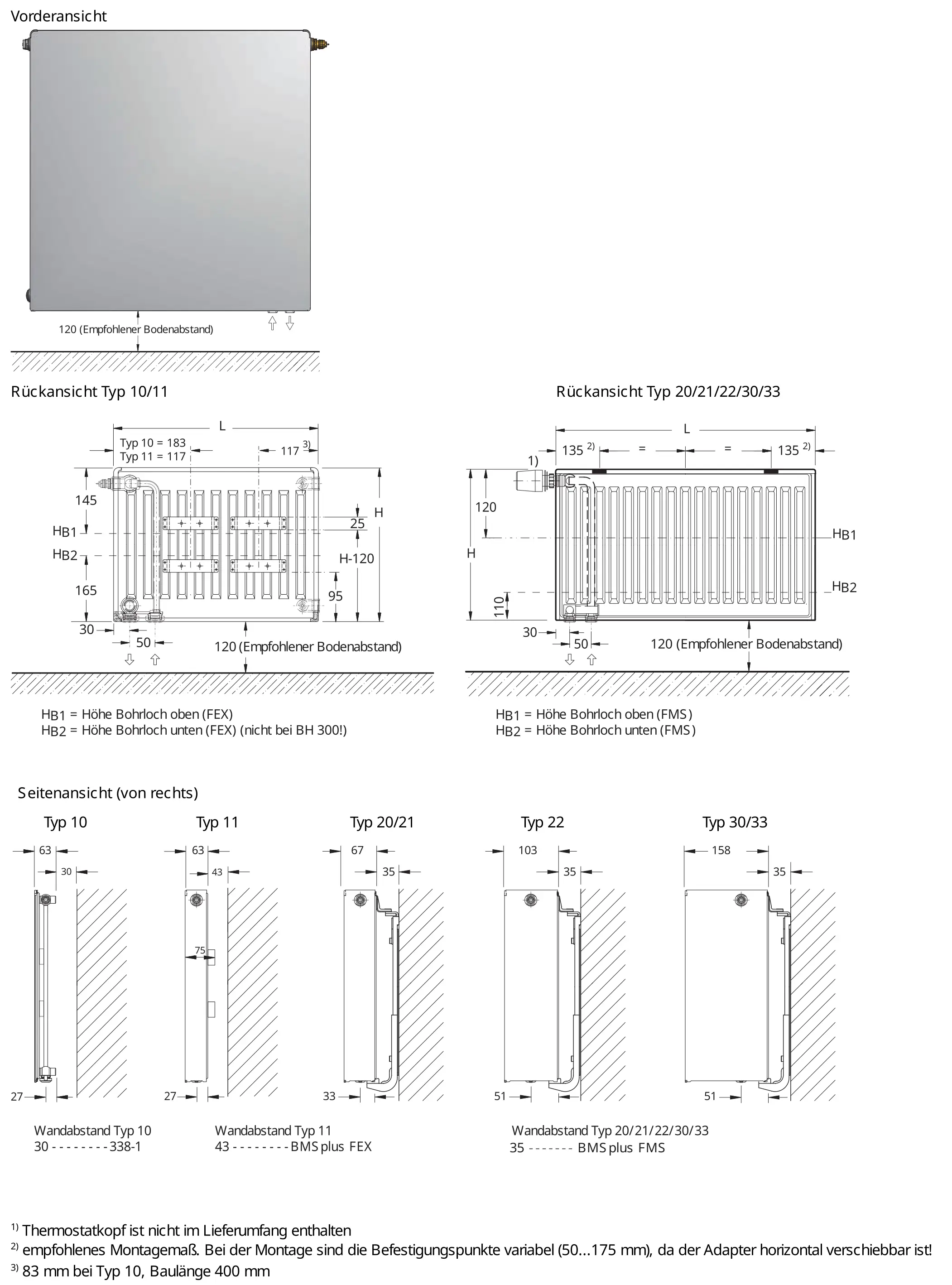 Buderus Heizkörper mit rechteckiger Form und mehreren Längsrippen. Rückansicht zeigt Anschlussmöglichkeiten und Bohrlochhöhen. Seitenansicht bietet Details zu Montageabständen.