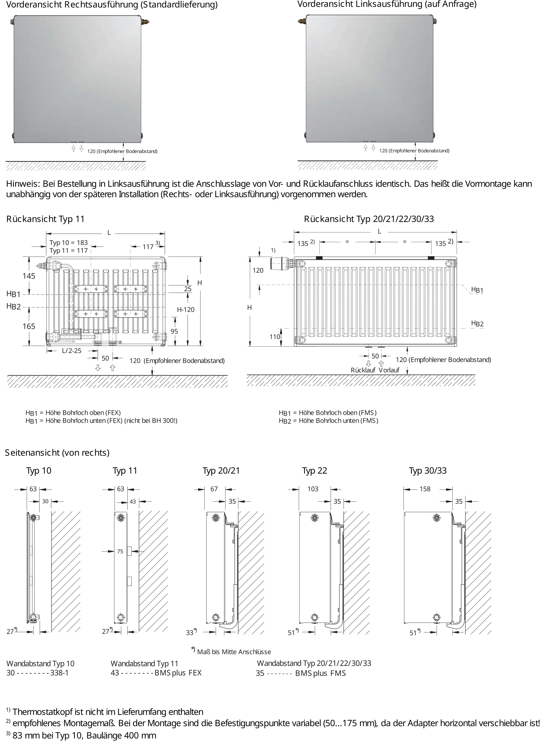 Buderus-Heizkörper mit horizontalem Design und anschlussseitiger Darstellung. Maße und Anschlussvariationen sichtbar, sowie Montageinformationen.
