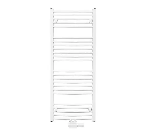 Buderus Logatrend Therm Handtuchheizkörper in Weiß mit mehreren horizontalen Röhren und einem Anschlussventil unten.
