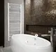 Buderus-Heizkörper in Weiß mit horizontalen Rohren, montiert an einer grauen Wand in einem modernen Badezimmer mit einer ovalen Badewanne.
