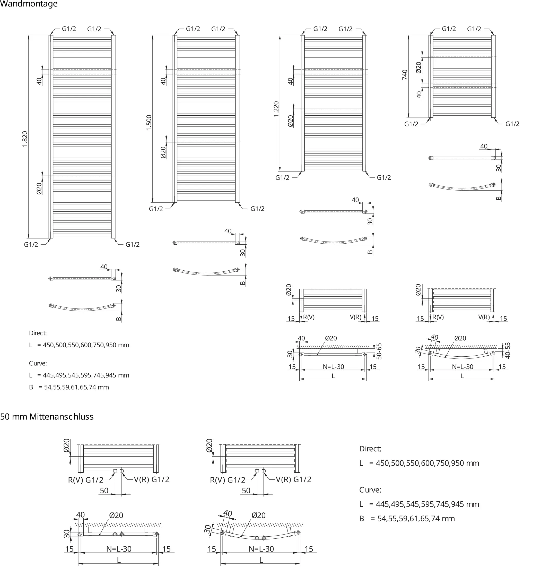 Buderus Heizkörper mit Mittenanschluss, vertikale Anordnung, mehrere Höhen- und Längenvarianten, dargestellt mit Wandmontage-Set und technischen Abmessungen.
