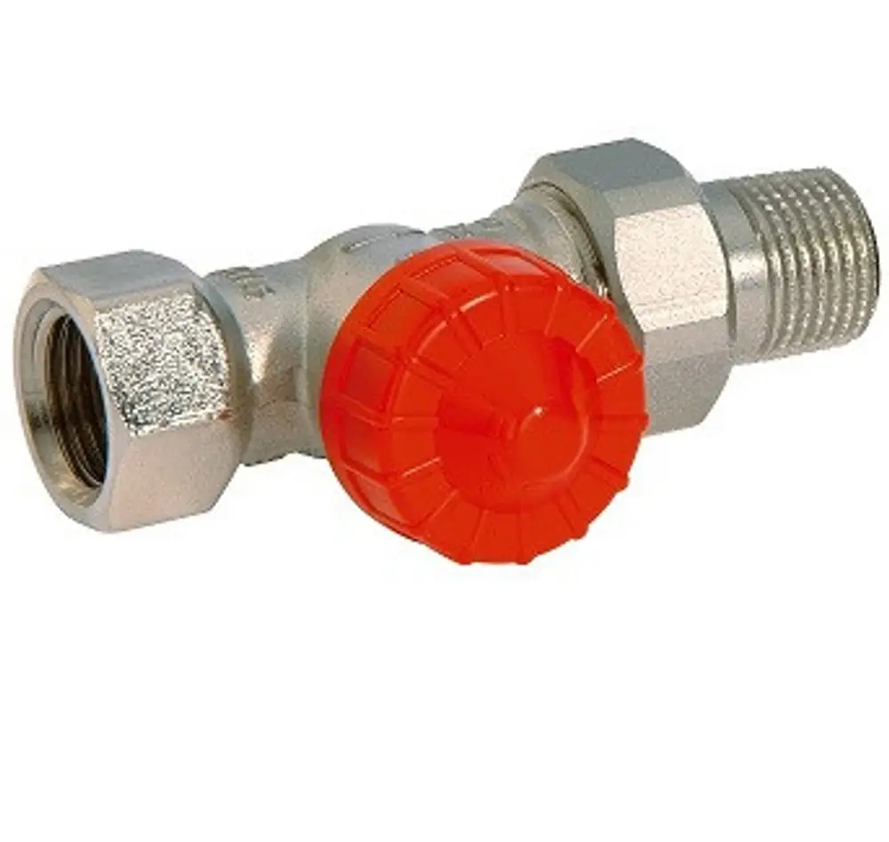 Thermostatventil mit roter Skalenkappe, Metallgehäuse, mit Anschluss von einem Ende Gewinde und dem anderen Ende Mutter; Viessmann produziert Heizungszubehör.