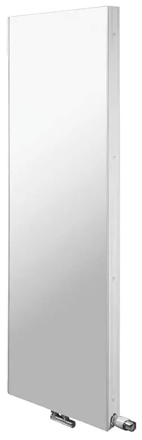 Schlanker, rechteckiger Heizkoerper mit glänzender Metalloberfläche und seitlicher Befestigung, ideal für moderne Innenräume.