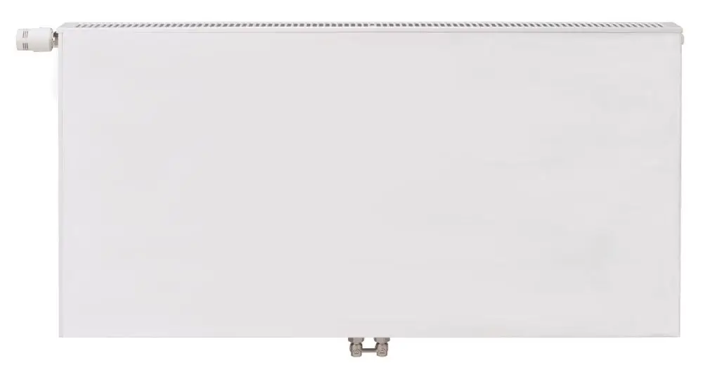 Weißer Viessmann Heizkörper mit flacher Front, Mittelanschluss, Wandmontage. Sieht schlicht und funktional aus, geeignet für die Beheizung von Räumen.
