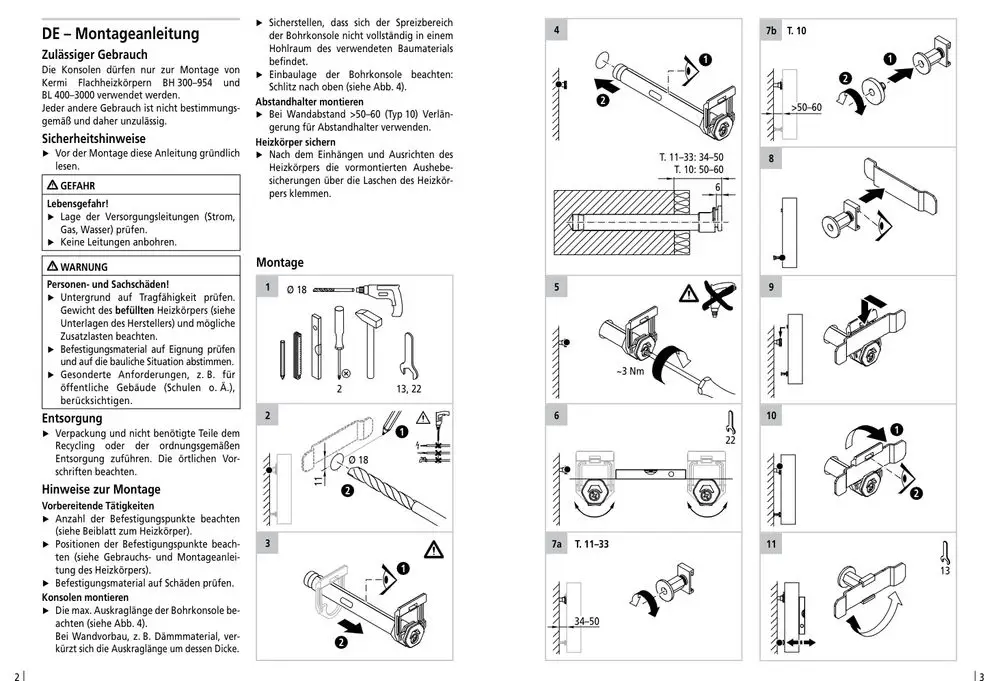 Installationsanleitung für Kermi Flachheizkörper mit schematischen Darstellungen der Montageschritte und Sicherheitshinweisen.
