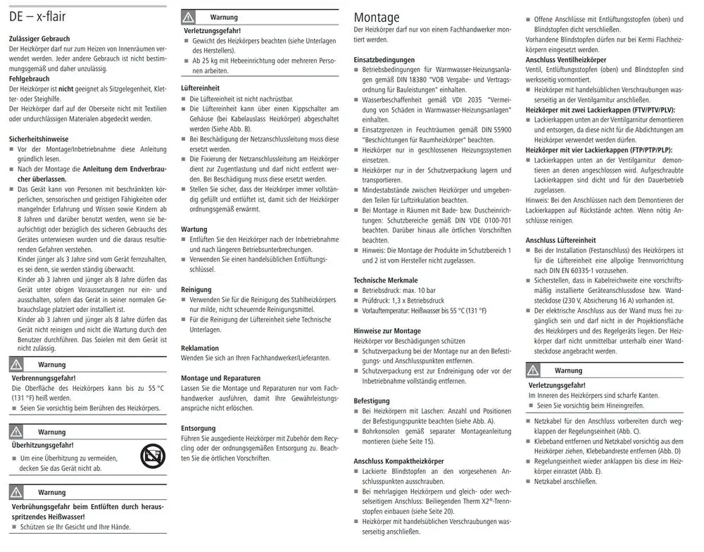 Ausschnitt aus einer Bedienungsanleitung für einen Kermi x-flair Heizkörper. Enthalten sind Warnhinweise, Informationen zu Gebrauch, Montage, Wartung und Entsorgung.
