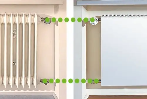 Kermi-Heizkörper mit gerillter Bauweise, vertikal montiert, vor heller Wand. Anschlüsse an der unteren Seite, einfache Installation und Wartung.