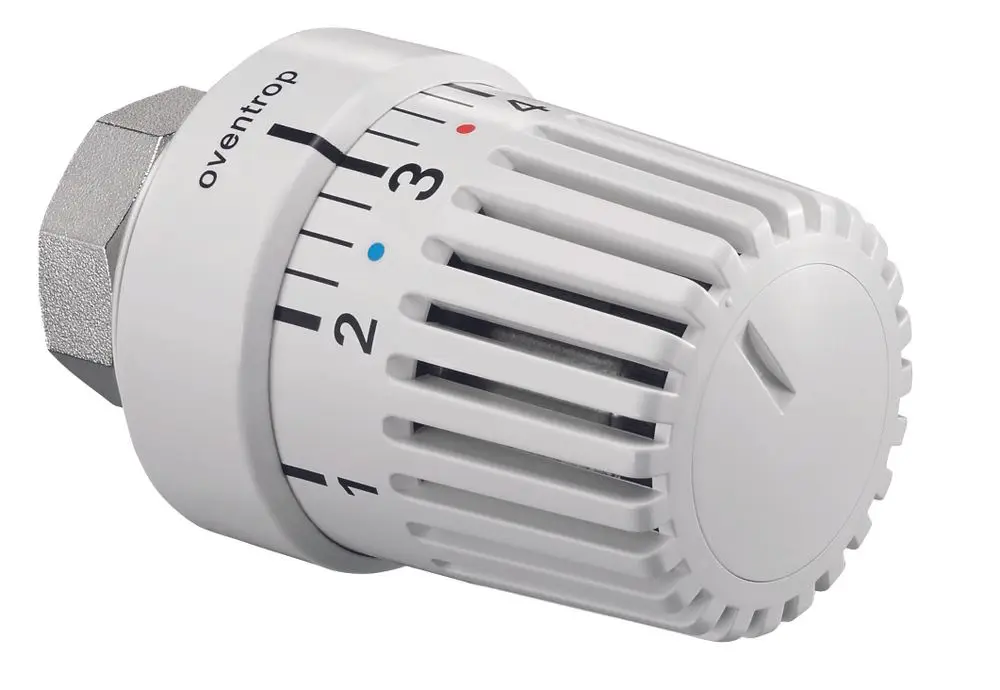 Thermostat von Oventrop mit einstellbarem Drehknopf und Temperaturskala, mit einem Flüssigfühler. Weißes Gehäuse mit Markierung für Temperaturstufen zwischen 1 und 5.