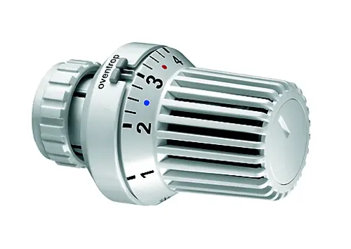 Heizkörperthermostat von Oventrop mit einem Drehregler und Skala von 1 bis 4 sowie Markierungen für Temperaturanzeigen in blau und rot.