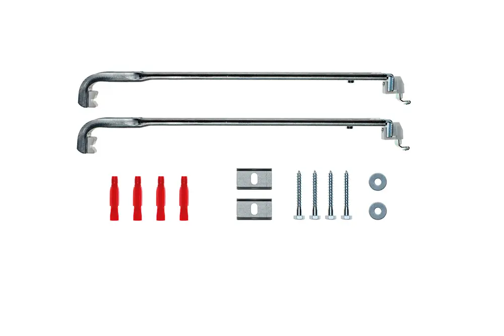 Wandkonsolen von Brötje, bestehend aus zwei Metallbügeln, Montageelementen, Schrauben, Unterlegscheiben und Verbindungselementen für die Wandbefestigung.
