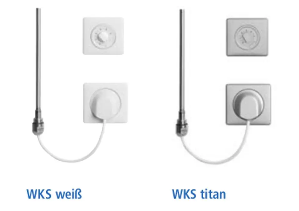 Zwei Heizkörper-Sets: "WKS weiß" mit weißem Regler und Stecker, "WKS Titan" mit titanfarbenem Regler und Stecker.