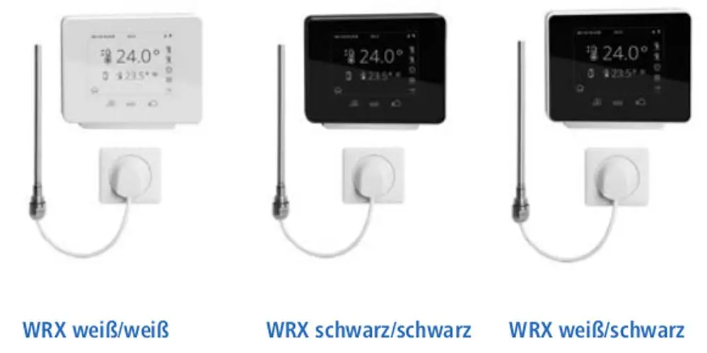 Drei Heizkörper-Sets mit Thermostat: Weiß/Weiß, Schwarz/Schwarz, Weiß/Schwarz.