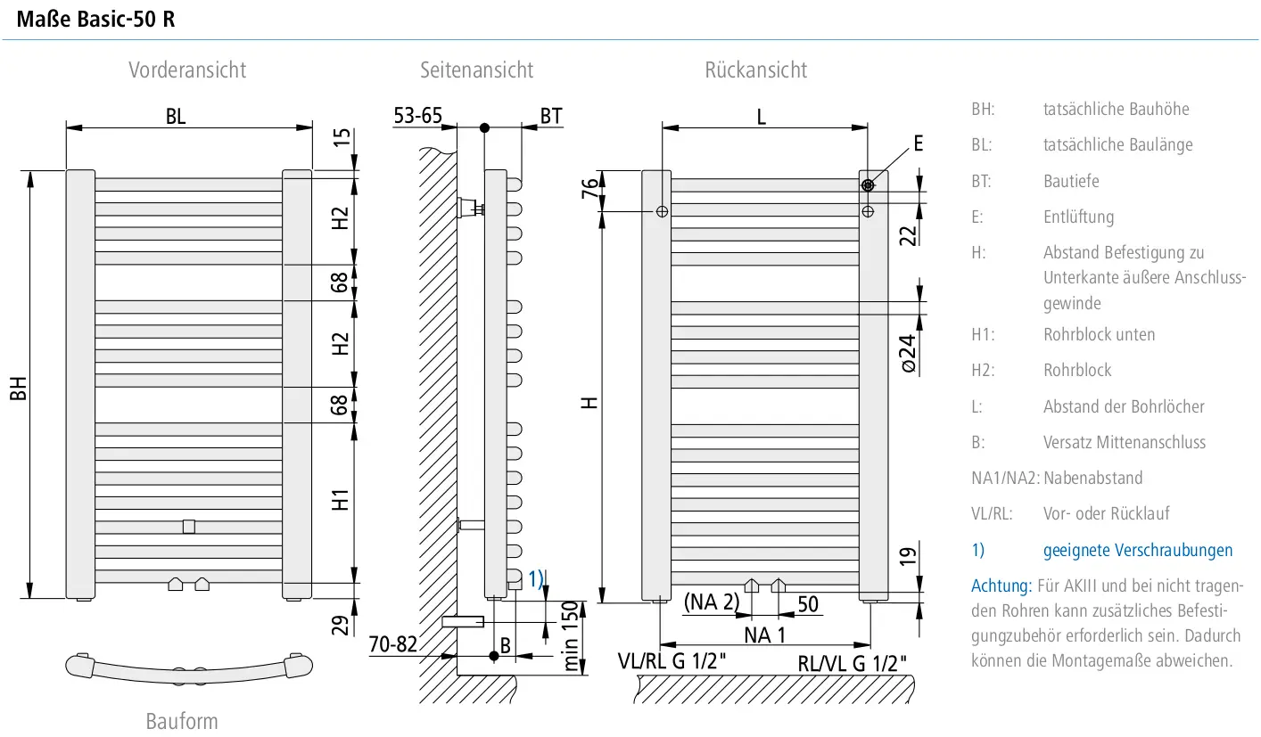 Kermi-Heizkörper mit gebogener Bauform, Mittel- und Seitenanschluss. Technische Zeichnung mit Maßangaben und Befestigungshinweisen an Wand.
