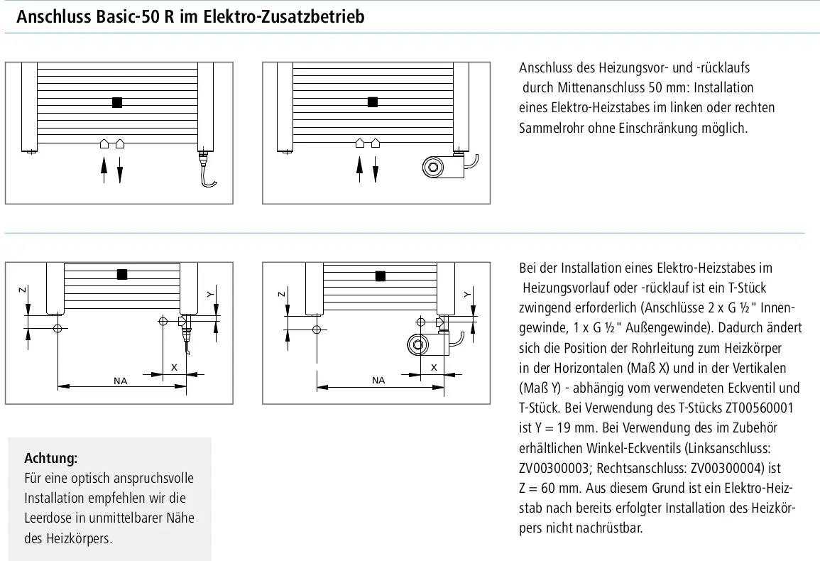Kermi-Heizkörper mit zwei Anschlussmöglichkeiten, schematische Darstellung der Installation und Rohrleitungsführung, technische Hinweise zur Montage.