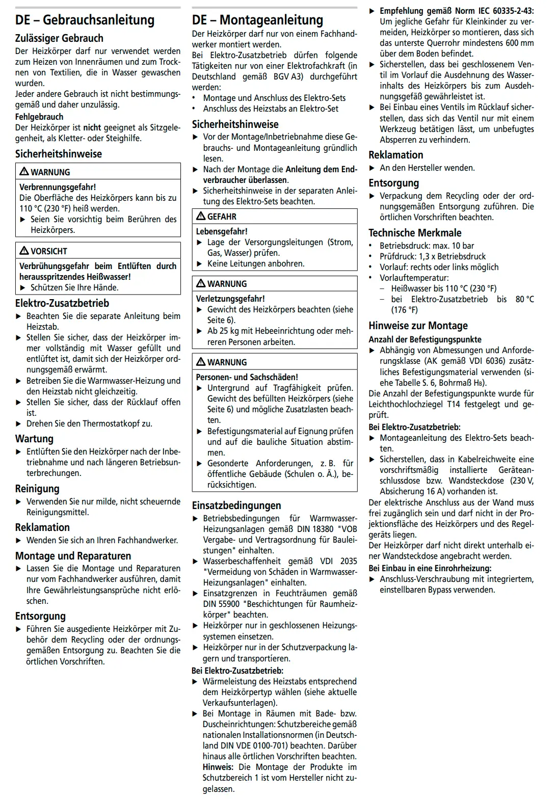 Kermi-Heizkörper in Weiß, gebogene Form mit Mittel- und Seitenanschluss. Bedienungsanleitung und Sicherheitshinweise für Installation und Gebrauch enthalten.