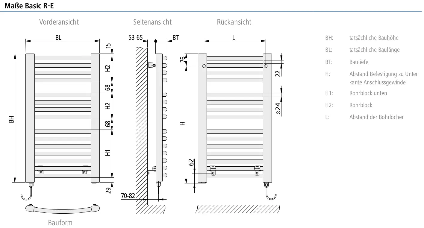 Technische Zeichnung des Kermi Basic R-E Badheizkörpers mit Maßangaben.