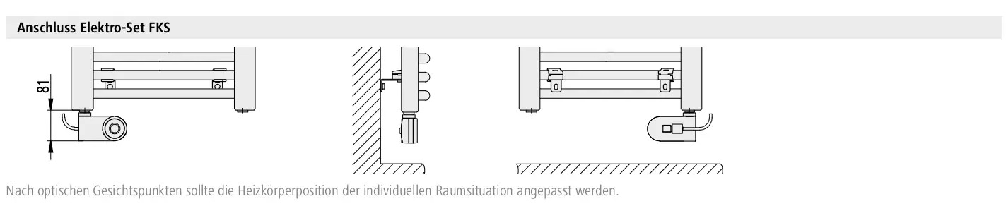 Abbildung des Kermi Bad- und Wohnheizkörpers Basic R-E mit Elektro-Set FKS. Details umfassen Maße, Farben, Ausführung und Reglertyp.