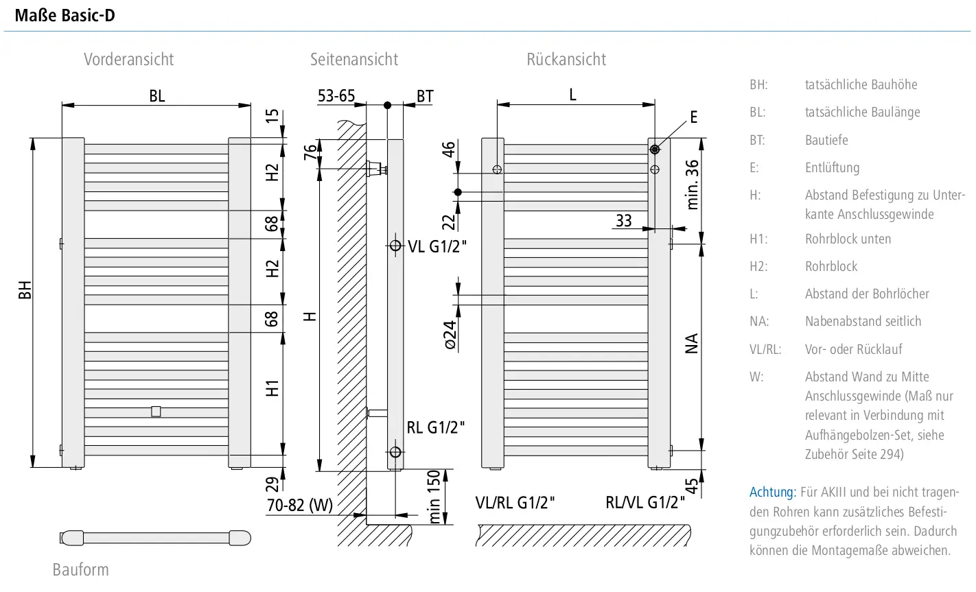 Kermi Heizkörper mit gerader Bauform und seitlichem Anschluss. Technische Zeichnung mit Maßangaben und Installationshinweisen.