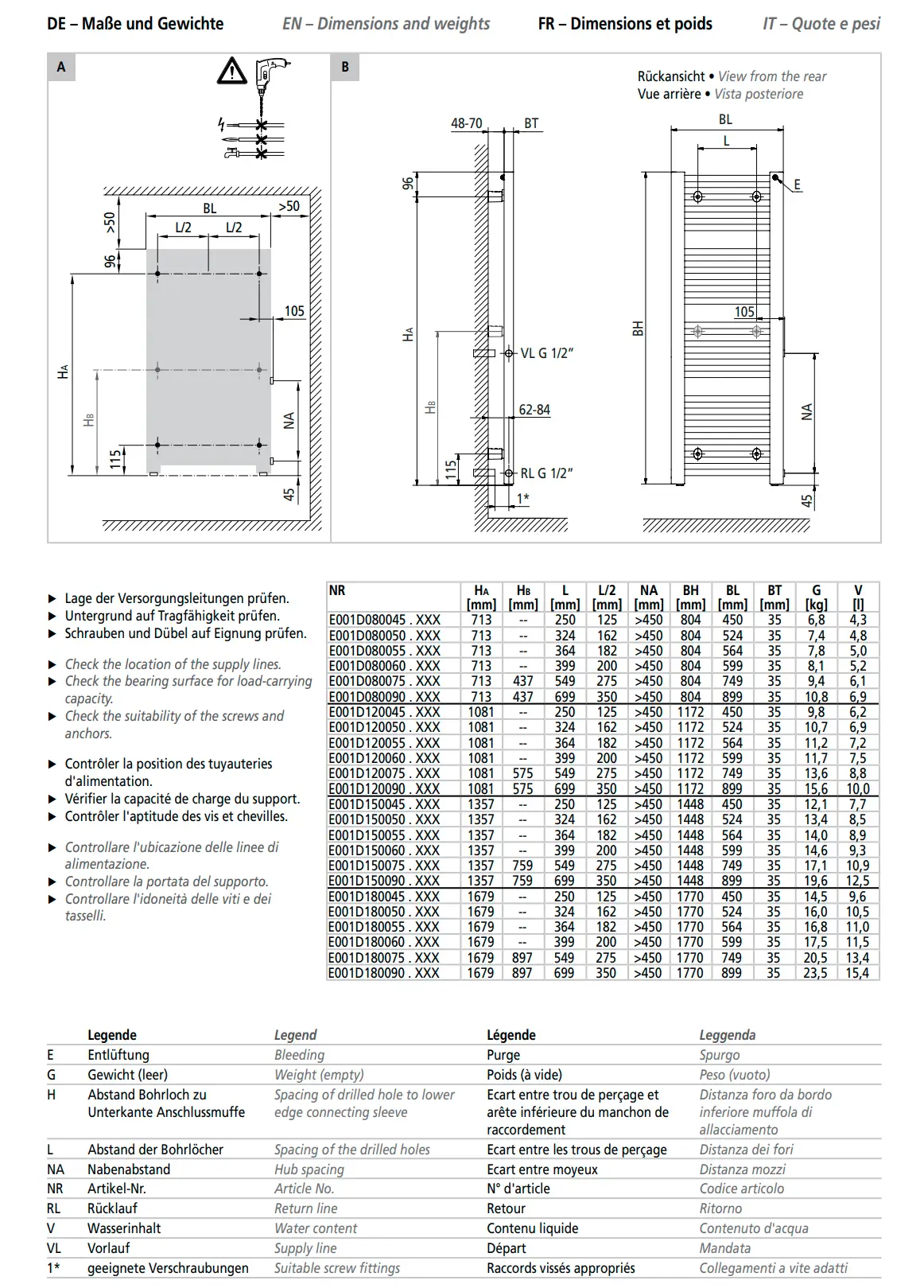 Kermi-Heizkörper mit gerader Bauform, Maße und technische Details zur Montage und Stromversorgung auf einem technischen Datenblatt dargestellt.