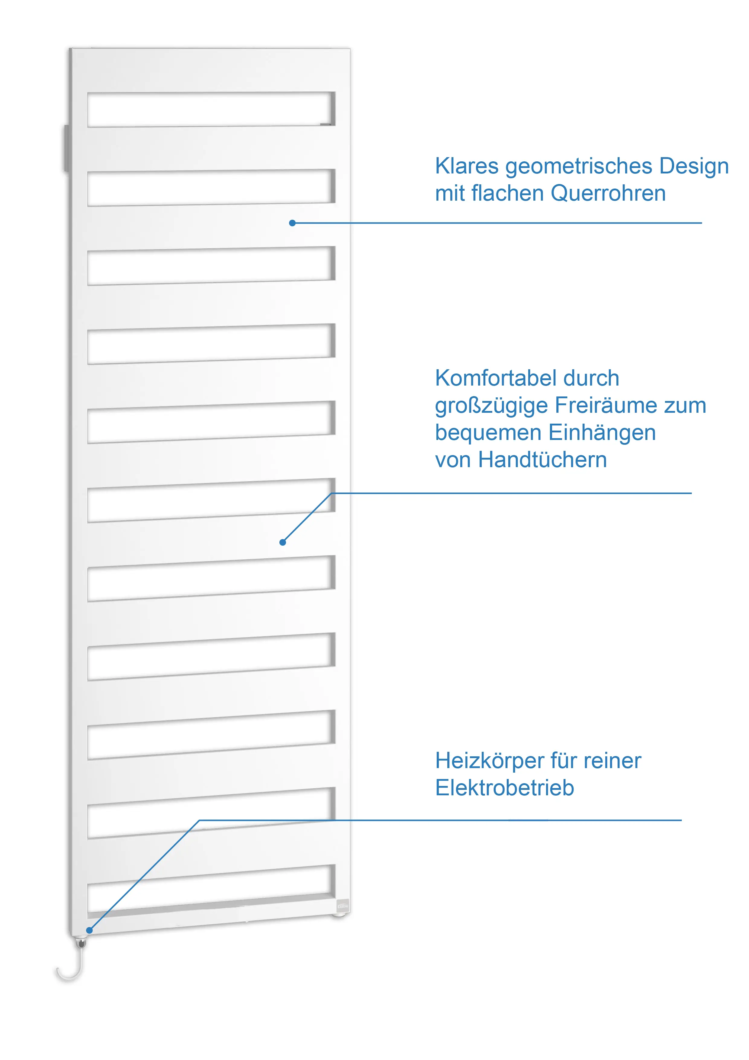 Weißer, vertikaler Handtuchwärmer mit flachen, horizontalen Heizrohren. Texte zu Design, Komfort und Elektrobetrieb.