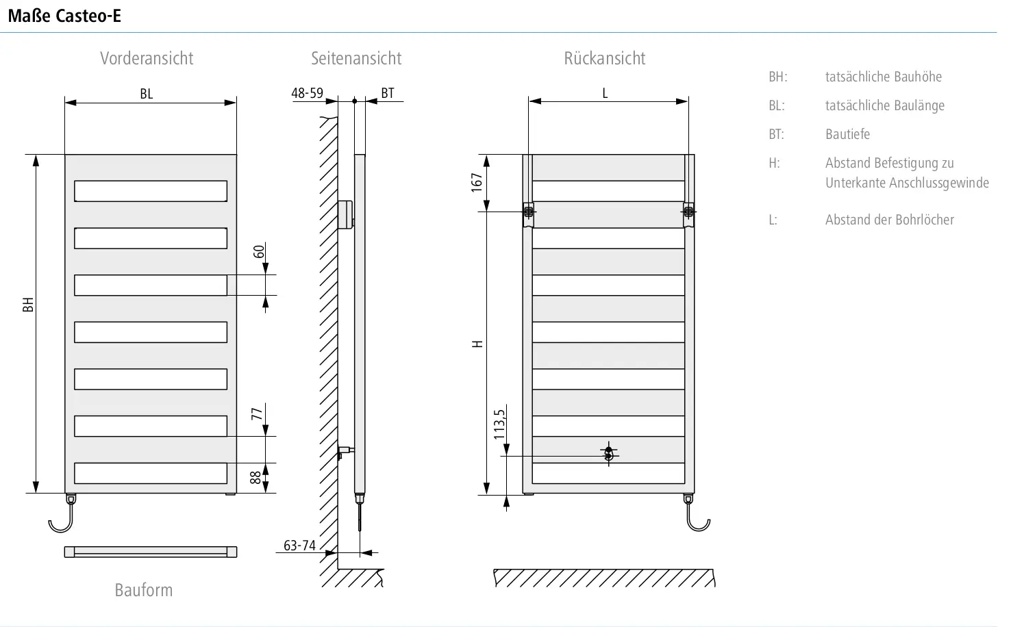 Abbildung des Kermi Elektro-Designheizkörpers Casteo-E mit Maßangaben. Seiten-, Vorder- und Rückansicht mit Detailmaßen.