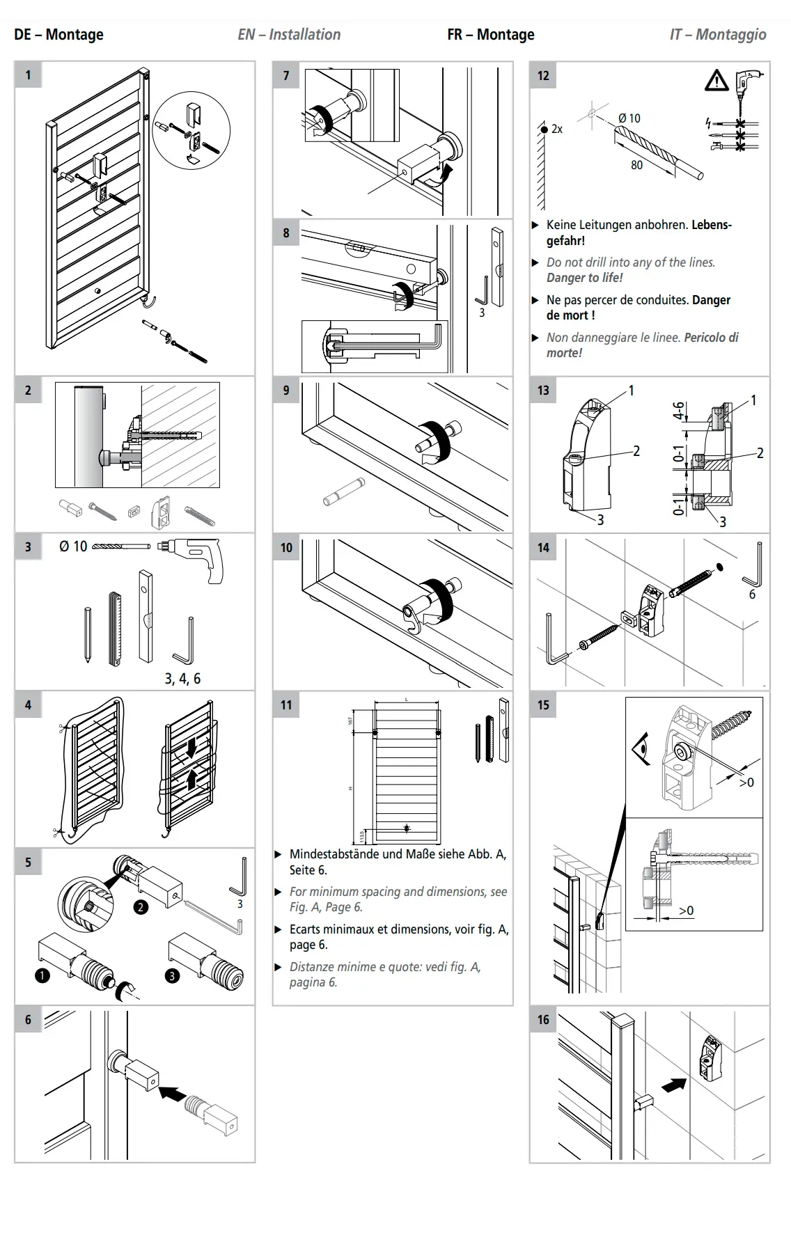 Anleitung für Kermi Casteo-E Designheizkörper: Montage in 16 Schritten, Bohren vermeiden. Abmessungen beachten (siehe Abb. A, Seite 6).

