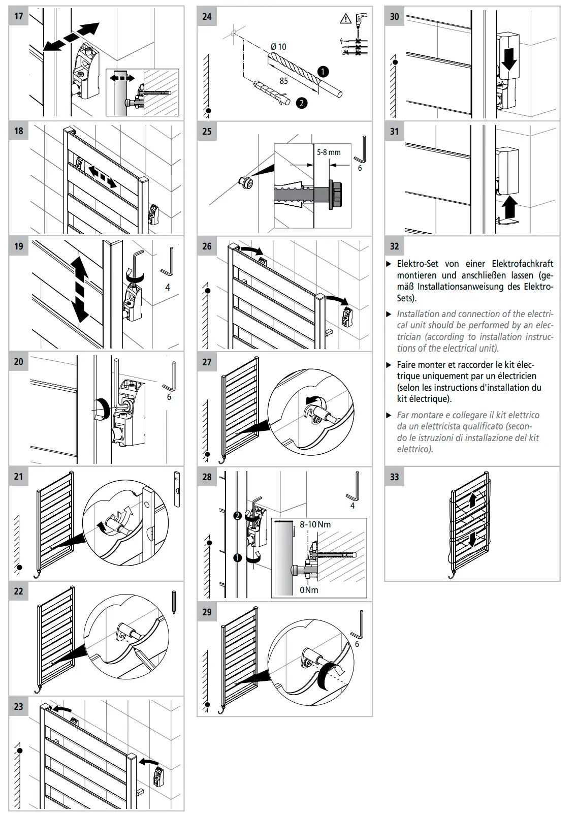 Anleitung für die Installation eines Kermi Elektro-Designheizkörpers Casteo-E. Abgebildet sind Montageschritte und Sicherheitshinweise zur Elektroinstallation durch Fachkräfte.