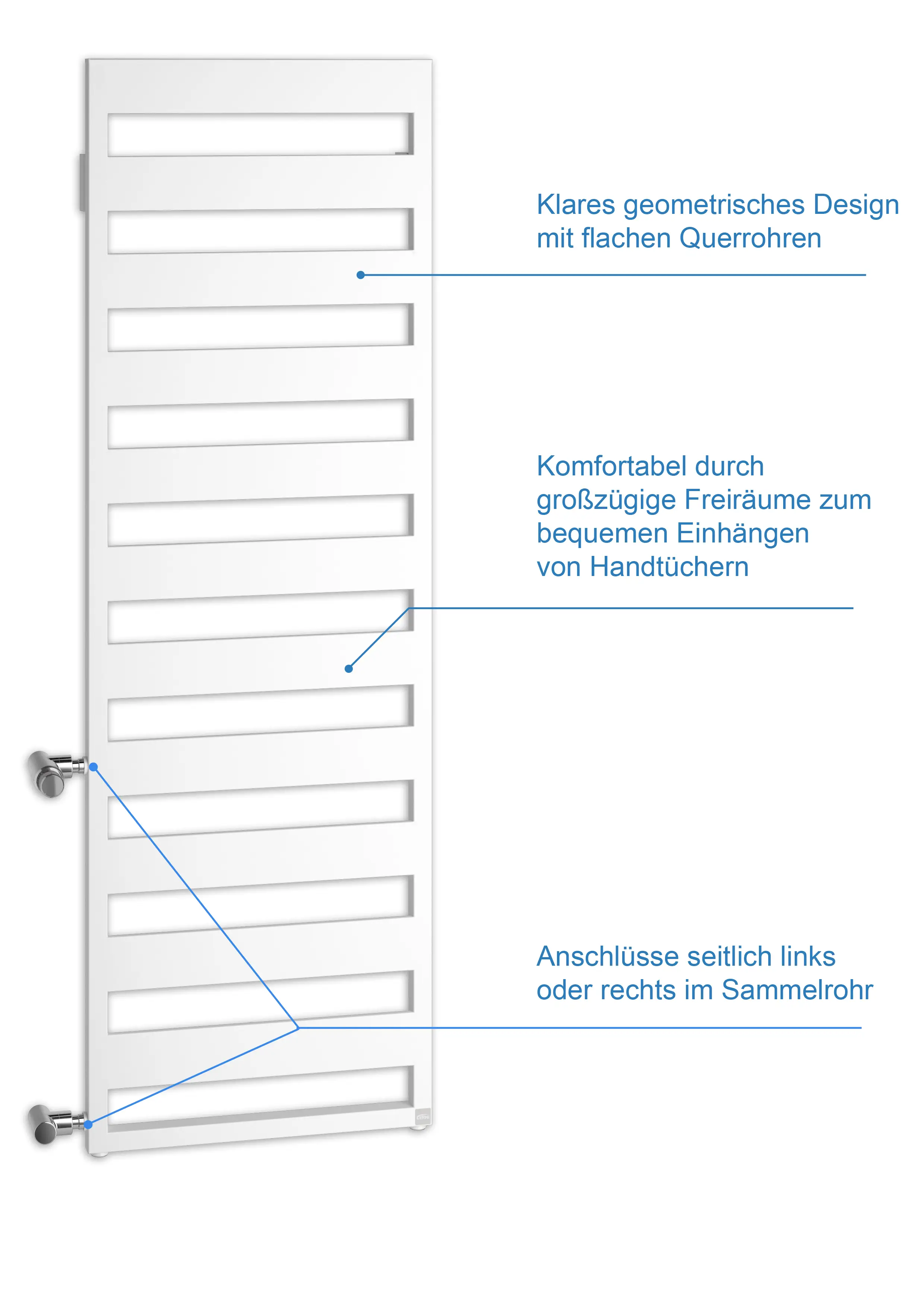 Kermi-Heizkörper in vertikaler Ausführung, mit klaren geometrischen Linien. Angebotene Handtuchhalterungen und seitliche Anschlussoptionen sind sichtbar.