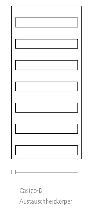 Kermi Heizkörper, vertikale Anordnung mit horizontalen Rippen, klare Linien und schlichtes Design, passend für verschiedene Innenräume.