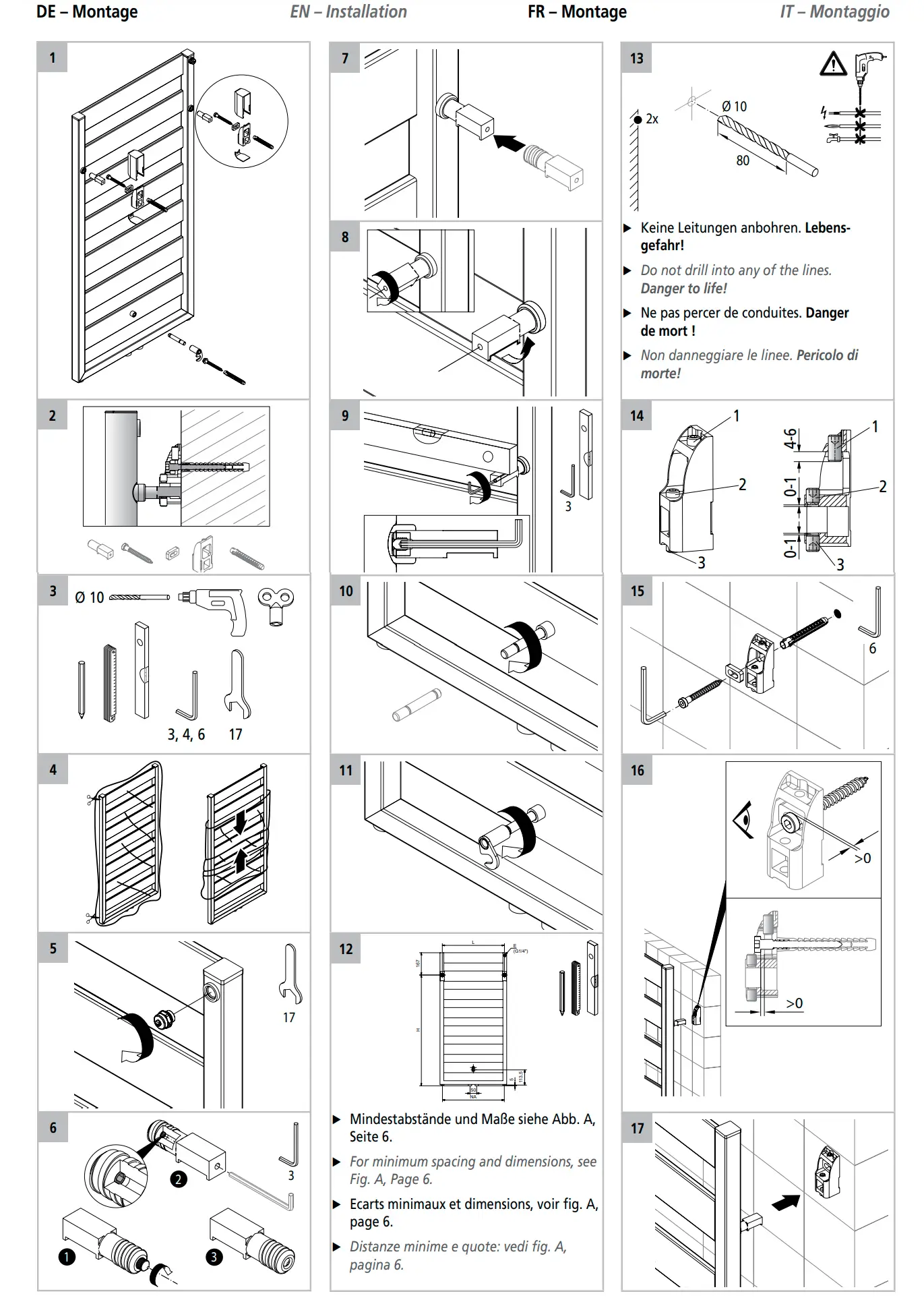 Montageanleitung für einen Kermi-Heizkörper. Illustrationen zeigen Schritte und Werkzeuge für die Installation sowie Sicherheitswarnungen. Mehrsprachige Beschreibungen sind enthalten.
