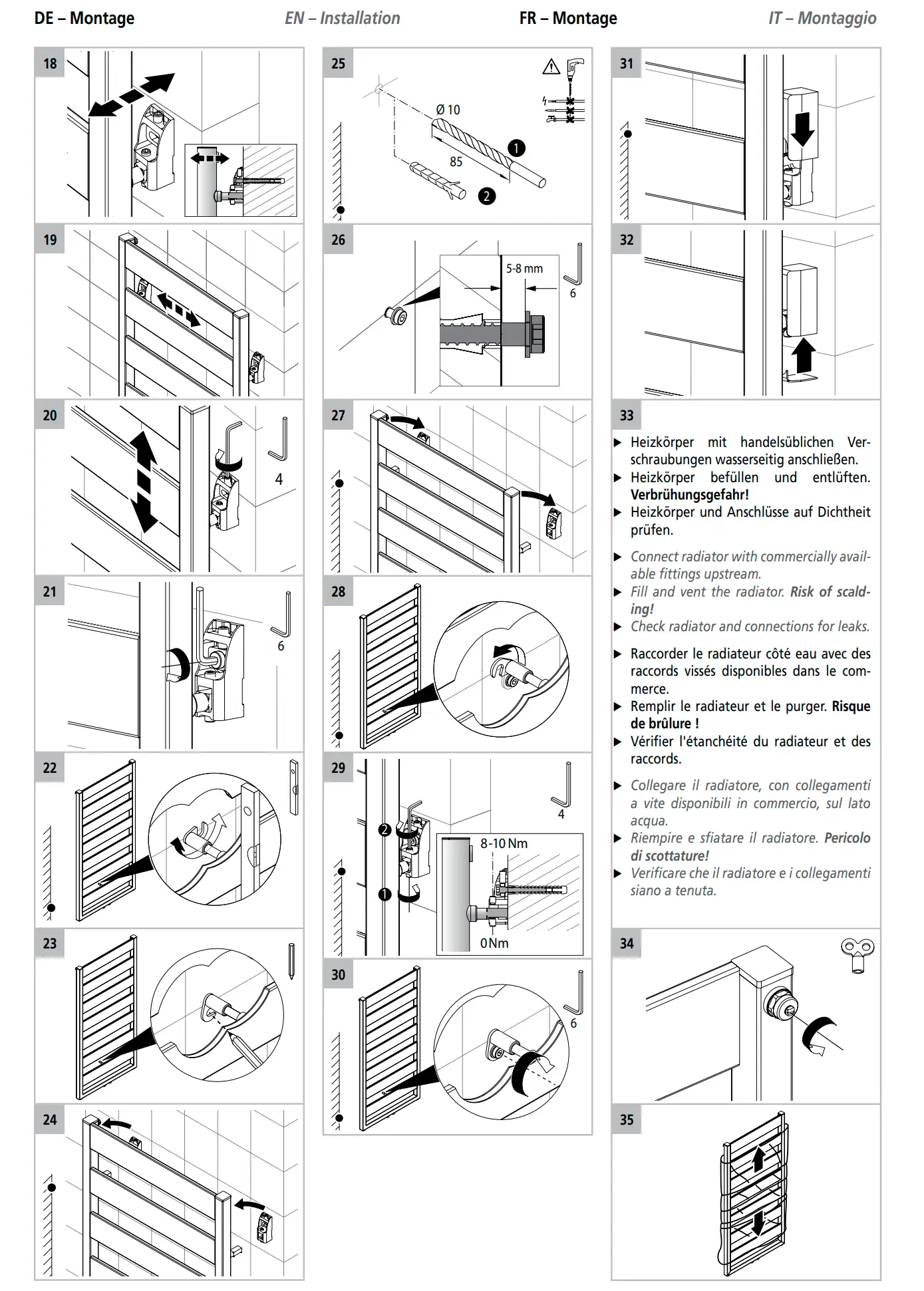 Montageanleitung für einen Kermi-Heizkörper, Darstellung der Installationsschritte mit technischen Details und Sicherheitshinweisen. Graphische Anweisungen für den Anschluss und Druckprüfung.