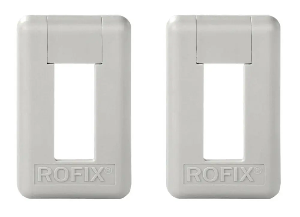 Zwei graue Konsolen mit rechteckigem Ausschnitt und der Aufschrift "ROFIX". Spritzgussteile, die zur Befestigung von Heizkörpern der Marke Viessmann dienen können.