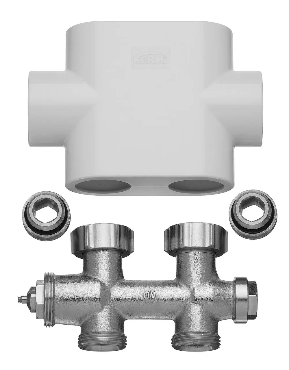 Kermi Ventilhahnblock-Set in weißer Blendenform; besteht aus einem Kunststoffteil und zwei verchromten Metallanschlüssen, die für Sanitärinstallationen genutzt werden.