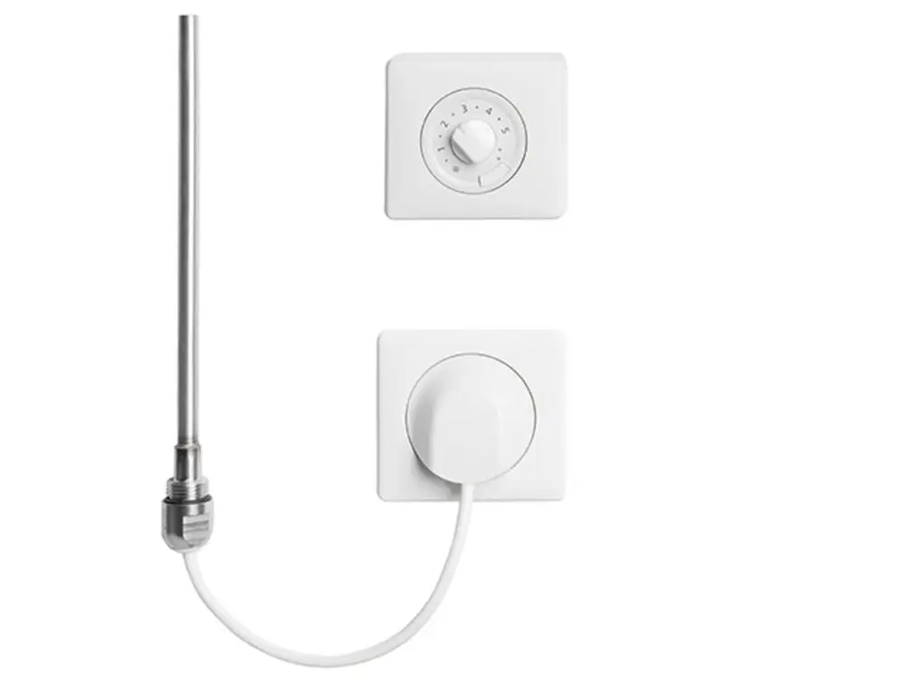 Befestigungselemente und Steuerungseinheit des Kermi Elektro Sets, bestehend aus einem langen Metallrohr und zwei weißen Schaltern zur Temperaturregelung.