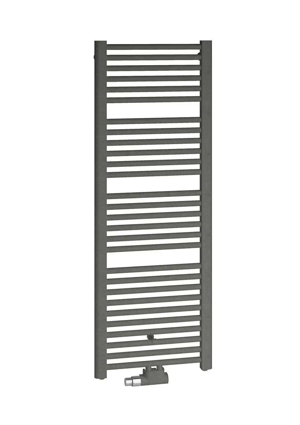 Kermi-Heizkörper mit vertikaler Rippenstruktur, ausgestattet mit Mittel- und Seitenanschluss, in graphitfarbener Oberfläche.